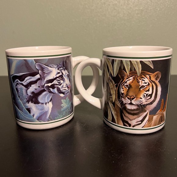 Pair of Vintage Tigers in Rainforest Mugs  ~ Art by Laura Regan / Applause 1985 - Picture 1 of 8